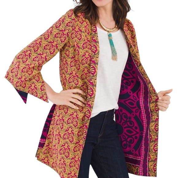 Chico’s women’s Reversible Kimono art to wear artsy pink/ mustard - Picture 4 of 14